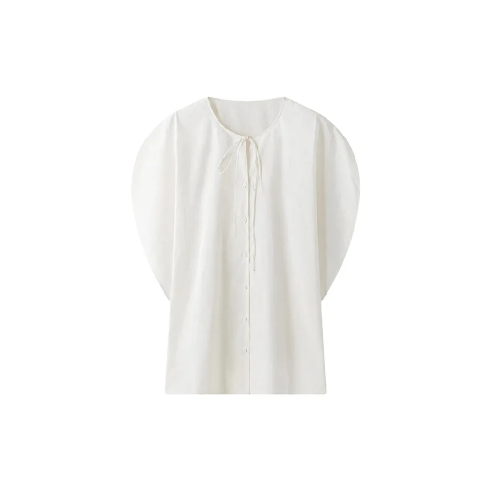 Women's Loose-Fit Pure Cotton Shirt with Round Neck and Tie Detail – Minimalist Cape-Style Top (Spring/Summer 2026 New Arrival)