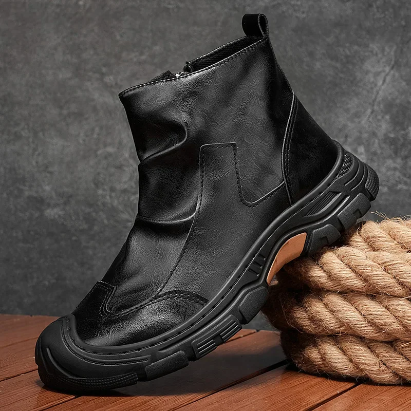 Classic Black Men's Ankle Boots Platform Casual Boots For Men Comfortable High Top Work Shoes Man Leather Boots botas masculino