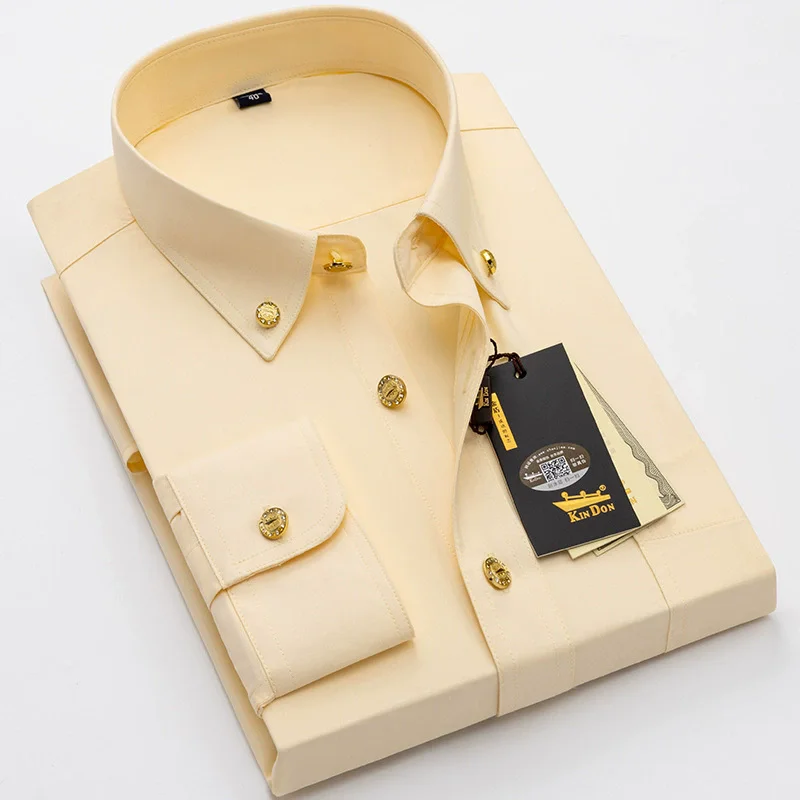 2026 Men\'s Diamond Button Long-sleeved Shirt Male Business Casual Slim Copper Button Dress Shirt Top Quality Groom Wedding Shirt