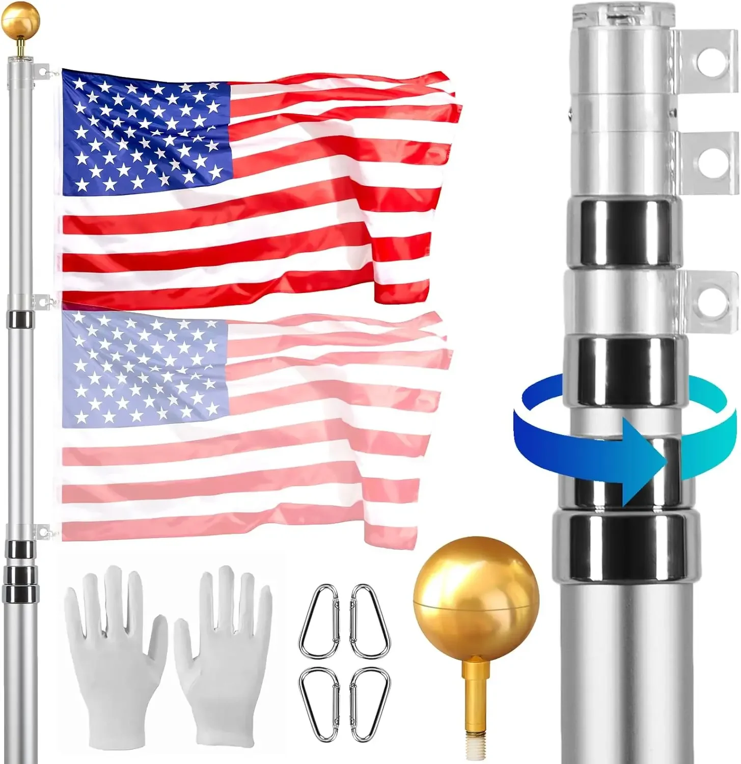 

20FT Telescoping Flag Pole Kit, Heavy Duty Aluminum Alloy in Ground Flag Polesn 3 Display Modes Flagpole with 3x5 American Flag