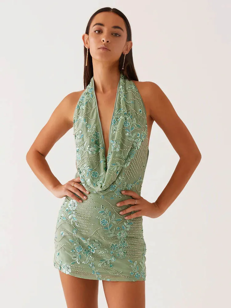 

Sequin Ruched Mini Dress Women Summer Fashion V Neck Sleeveless Backless Sexy Halter Short Dress Beach Club Party Dress 2025