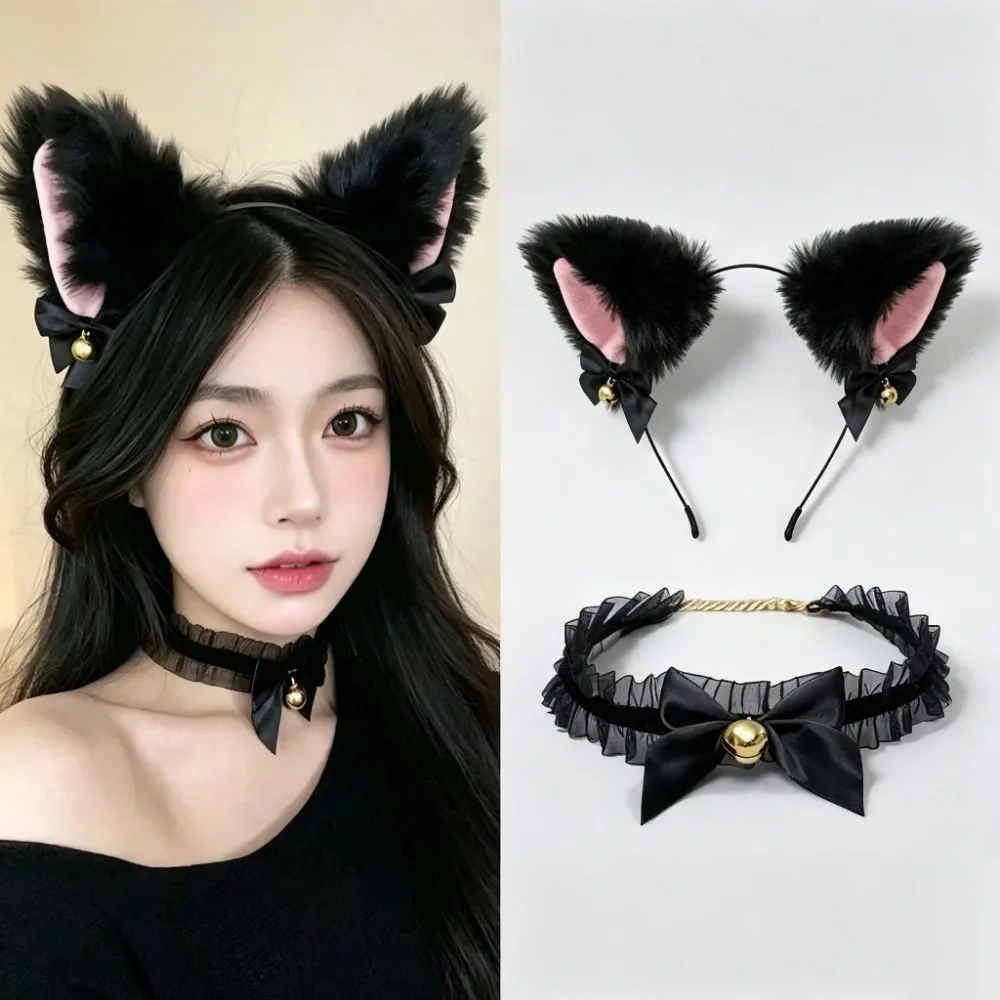 Fashionable Sweet and Cute Cat Ear Bell Headband Black Wild Small Collar Kawaii Bow Bell Collar Accessories