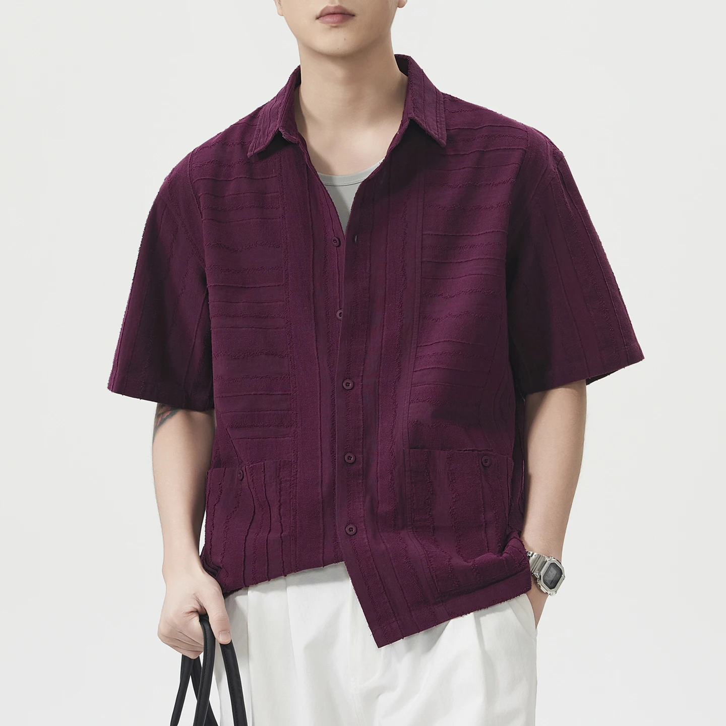 

Men Summer Streetwear Cityboy Fashion Vintage Loose Casual Short Sleeve Cargo Shirt Male Pure Cotton Stripe Jacquard Shirt