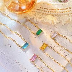 Ins 18K Gold Plated Stainless Steel Colorful Square Stone Pendant Necklace For Women Waterproof Jewelry Gift