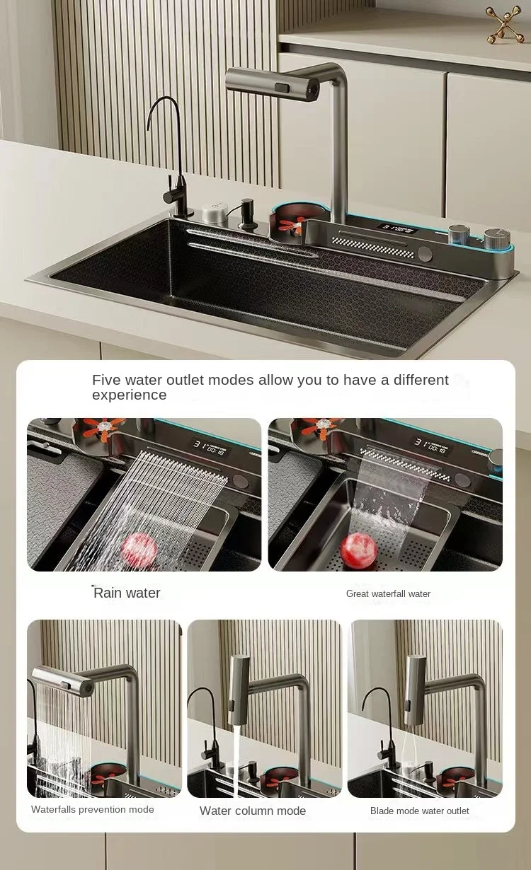Imagem -05 - Display Digital Pia Cachoeira Slot Único Nano Pia Cozinha de Lavagem de Louça Lavatório Multifuncional Vegetal Aço Inoxidável