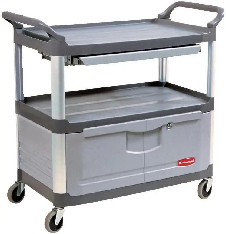 Rubbermaid Commercial Products Heavy Duty 2-Shelf Rolling Service/Utility/Push Cart, With Lockable Doors And Sliding Drawer,