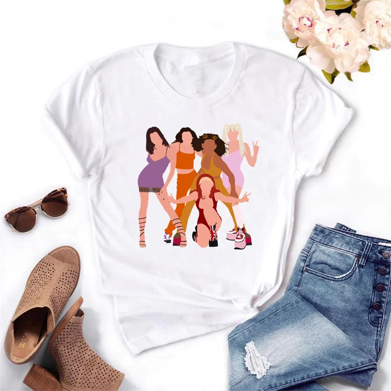 

T-shirt à manches courtes Spice Girls pour femmes, dessin animé, mode, impression, anime, 4 saisons, t-shirts, vêtements féminin