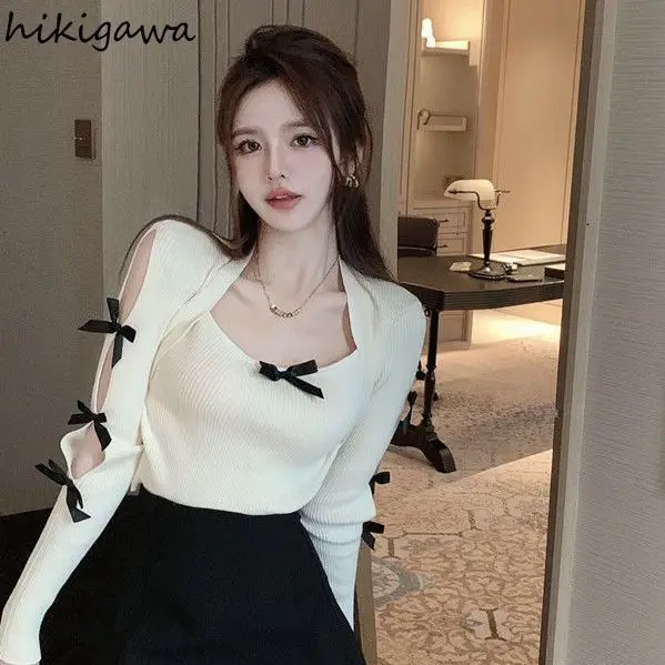 Sweet Pullovers Tops 2024 Women Clothing Square Collar Long Sleeve Tunic Sueter Mujer Bow Hollow Out Knitted Cropped Sweater