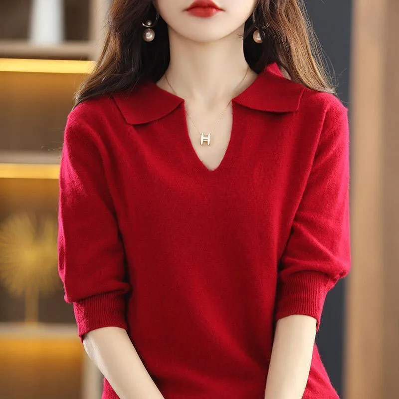 Women Clothing Fashion V-Neck Knitted Pullovers Spring Autumn Exquisite Loose Knitwear Office Lady Loose Screw Half Sleeve Top
