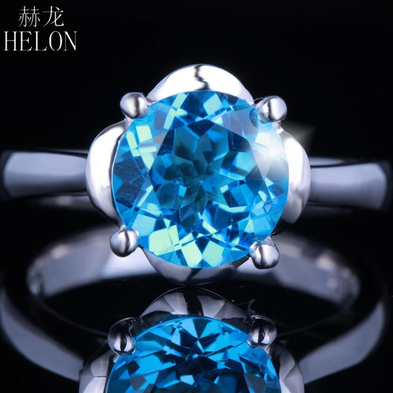 

HELON Solid 14K White Gold Round 9mm Genuine Natural Blue Topaz Solitaire Engagement Wedding Elegant Lady Unique Jewelry Ring