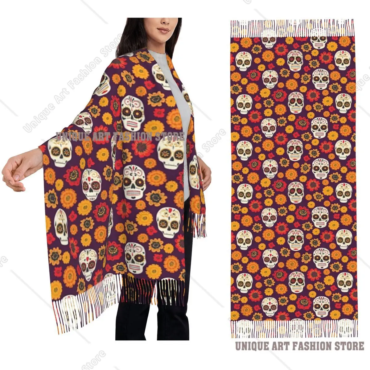 

День мертвых, шарф Санта-Клауса с сахарным черепом, шарфы с кисточками для женщин, мягкие теплые шали и накидки, большая шаль