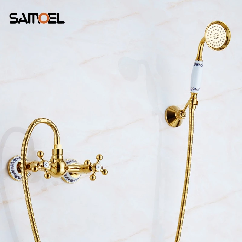 Classic Luxury Golden Brass Wall-Mounted Shower Kit Gold Simple Dual Handle Bath tub Shower Faucet Set SF1070