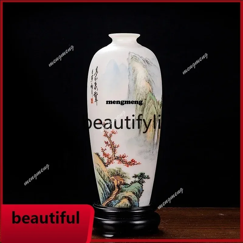Suet jade ceramic hand-painted small longevity vase ornament, Chinese flower arrangement classical home decoration  DD