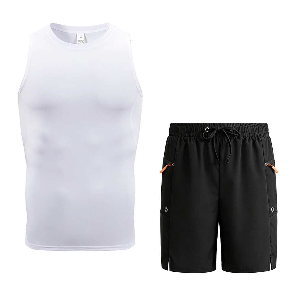 طقم تانك وسروال قصير بدون أكمام للرجال للجري في الهواء الطلق وكاجوال بلون سادة وجيوب بسحاب وخصر مطاطي ورباط