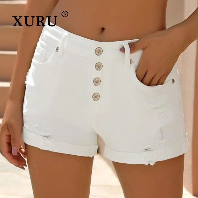 XURU-White Denim Shorts for Women, High Street Button Short Jeans, Europe and The United States, Summer, N3-605, New