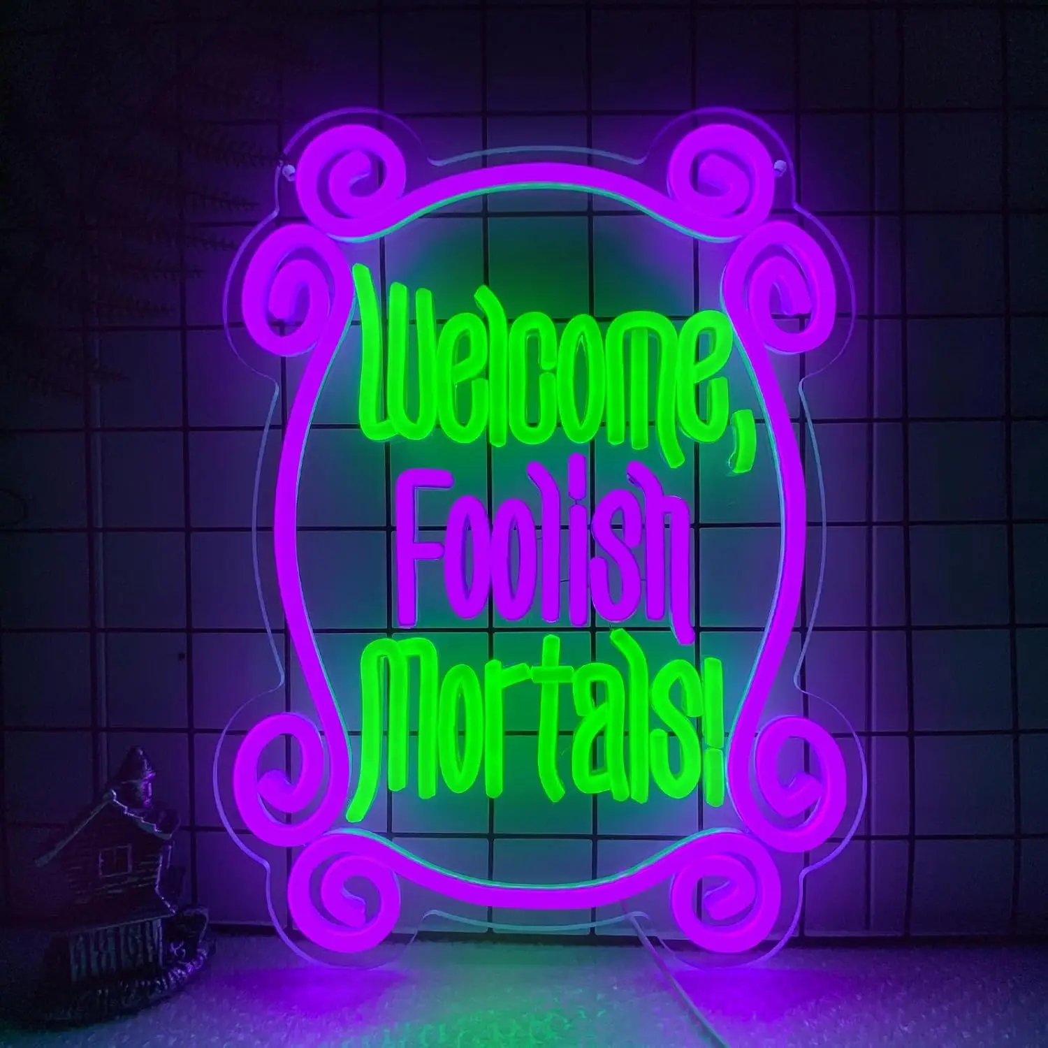 Welcome Foolish Mortals Neon Sign Haunted Mansion Decor USB Dimmable Spooky Gothic Coffin LED Neon Light Halloween Party Decor