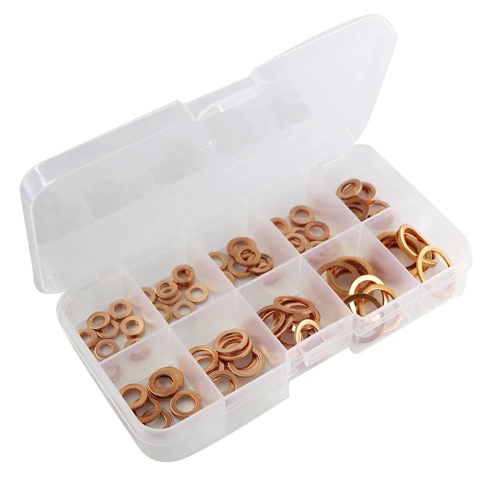 Kupfer Unterlegscheibe 100PCS Dichtung Mutter Und Bolzen Set Flache Ring Dichtung Sortiment Kit Mit Box M4/M5/M6/M8/M10/M12/M14 Für Sump Stecker