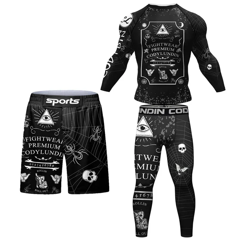 Czaszka Jiu Jitsu Rashguard dla mężczyzn t-shirt MMA zestaw spodni brazylijskie Grappling Bjj boks wysypka Gym Boxeo koszulki sportowe