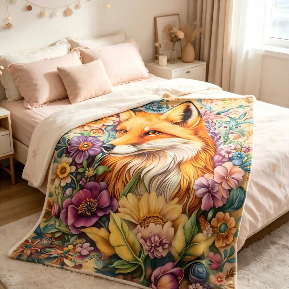 1pc Fox Vintage Flowers Flannel Blankets Throw Unique Gifts Cute Animal Pattern Flannel Blanket Gifts Idea Four Season Use 2
