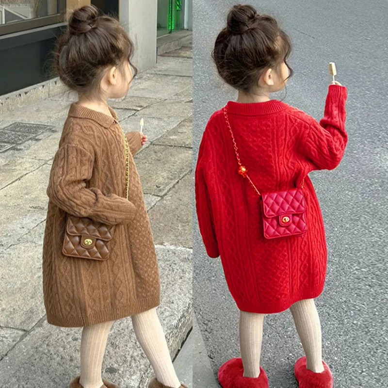 Herbst Winter Neue Mädchen Pullover Lange Stil Einfarbig Vielseitig Woolen Stricken Kleid Für 2-8 Jahre Koreanische Kinder pop Pullover Kleid