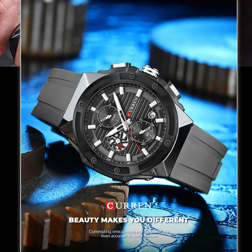 Curren 8462 Fashion Men's Watch Six Pin Chronograph Calendar Leisure Waterproof Silicone Sports Night Light Watches for Man