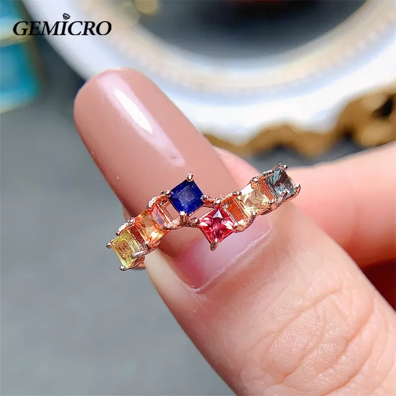 

Gemicro Natural Colorful Sapphire Sterling 925 Silver Ring, 3*3mm Square Size Luxury Jewelry for Women Wedding Engagement Gift