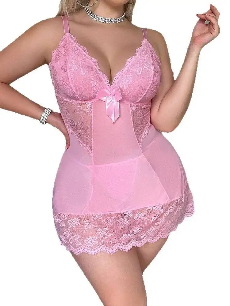 Abito sexy con giunture in rete con bordi in pizzo Stampa floreale Bowknot Backless Bretelle a V profonde Abito senza maniche Puro desiderio Affascinante C5XW