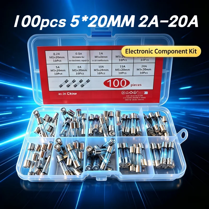 100Pcs 5x20mm Glass Fuse Tube Assorted Kit 0.2A-20A 10 Kinds Specification 10Pcs Each Universal Electric Insurance Tube Box Set