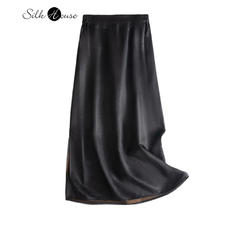 Fashionable Women's Clothing 100% Natural Mulberry Silk Gambiered Guangdong Gauze Elastic Waist Split Black Straight Tube Skirt