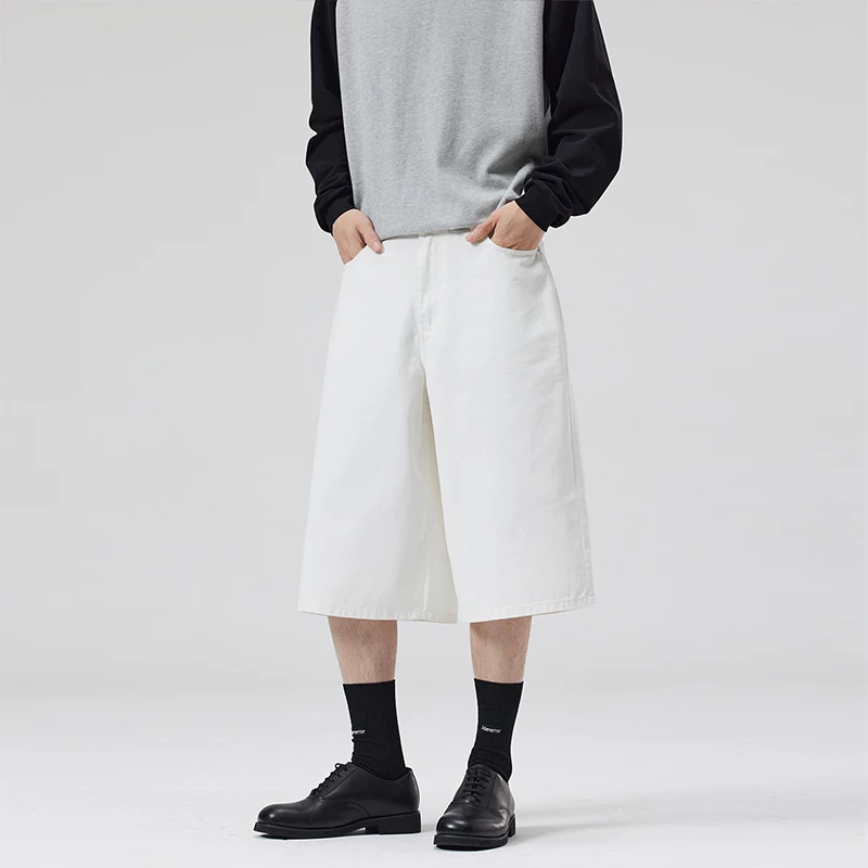 Estate puro bianco jeans 100% puro colore moda borsa jeans uomo rilassato grande dritto larghe gambe pantaloni corti moda street