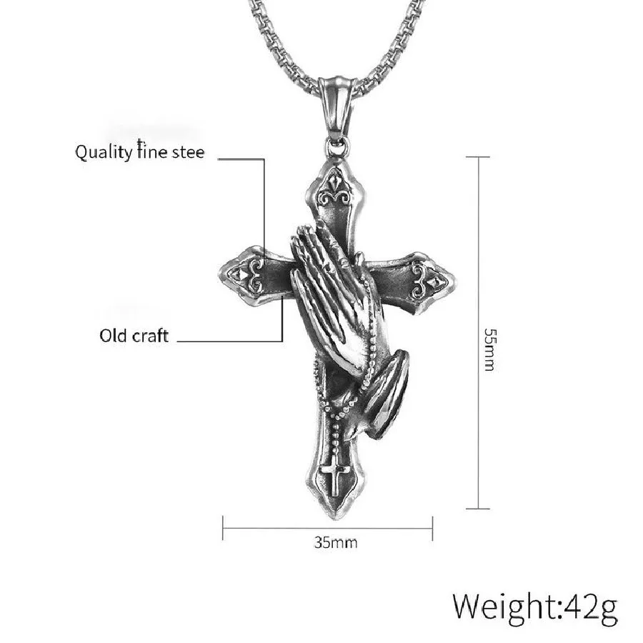 قلادة يد الصلاة سلسلة متقاطعة من الفولاذ المقاوم للصدأ باللون الأسود - للمراهقين - إكسسوارات الهدايا