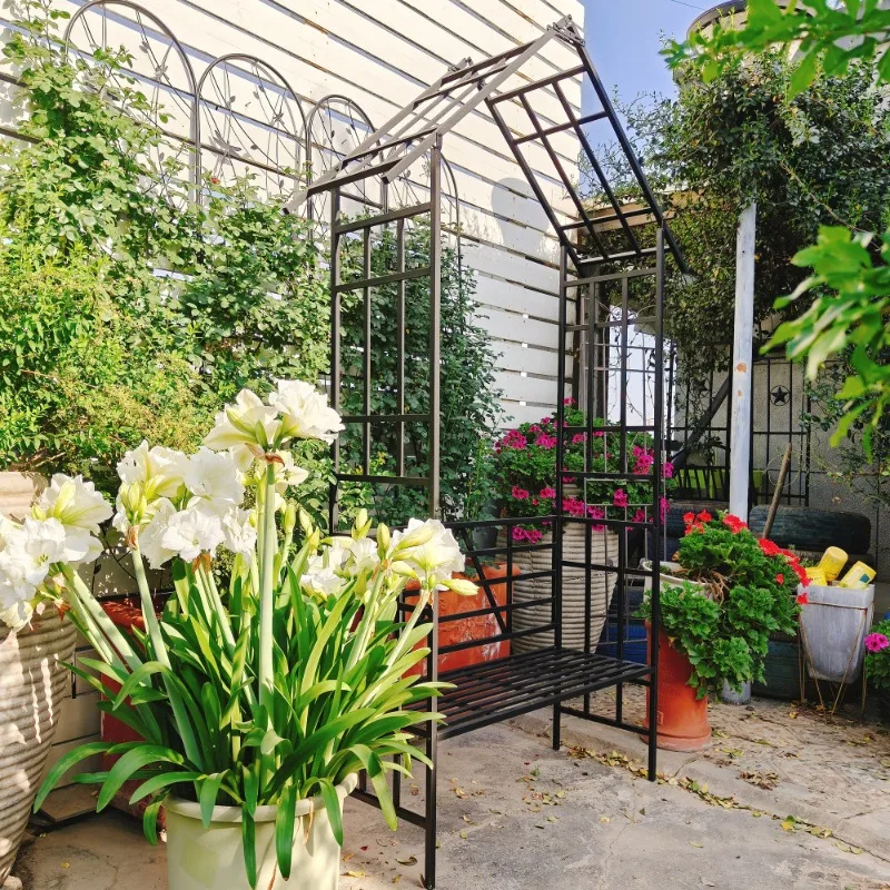 Черная металлическая садовая арка с кашпоми, уличный дворик, цветочная решетка, декор для сидения, мебель