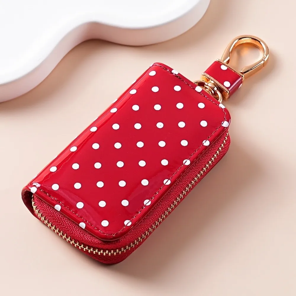 Durable Polka Dot Key Pouch Compact Metal Clasp Zipper Key Protection Cover Water Resistant Pu Leather Small Wallet Daily Use