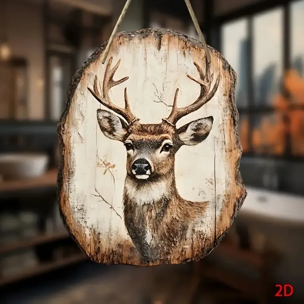 لافتة معلقة خشبية برأس غزال ريفي ثنائي الأبعاد مع توضيح غزال، مناسبة للمنزل والمطبخ والبار وديكور الشرفة والباب، هدية #5