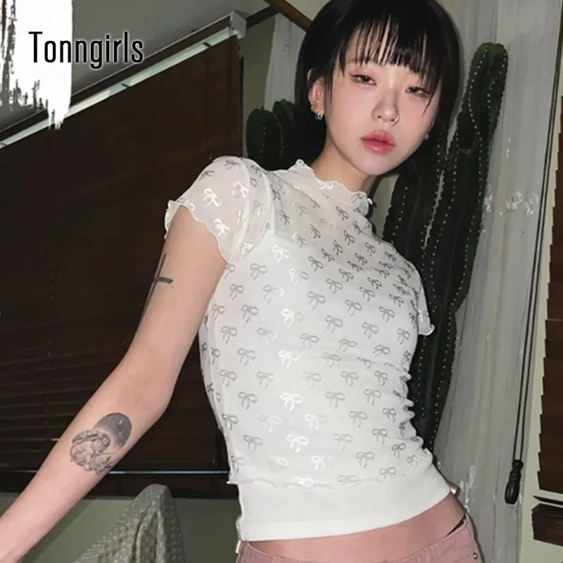 Tonngirls Y2k Vintage See Through T Shirt Women Print White Fairycore Mesh Tops Streetwear Bow Korean Style Crop Tops Summer