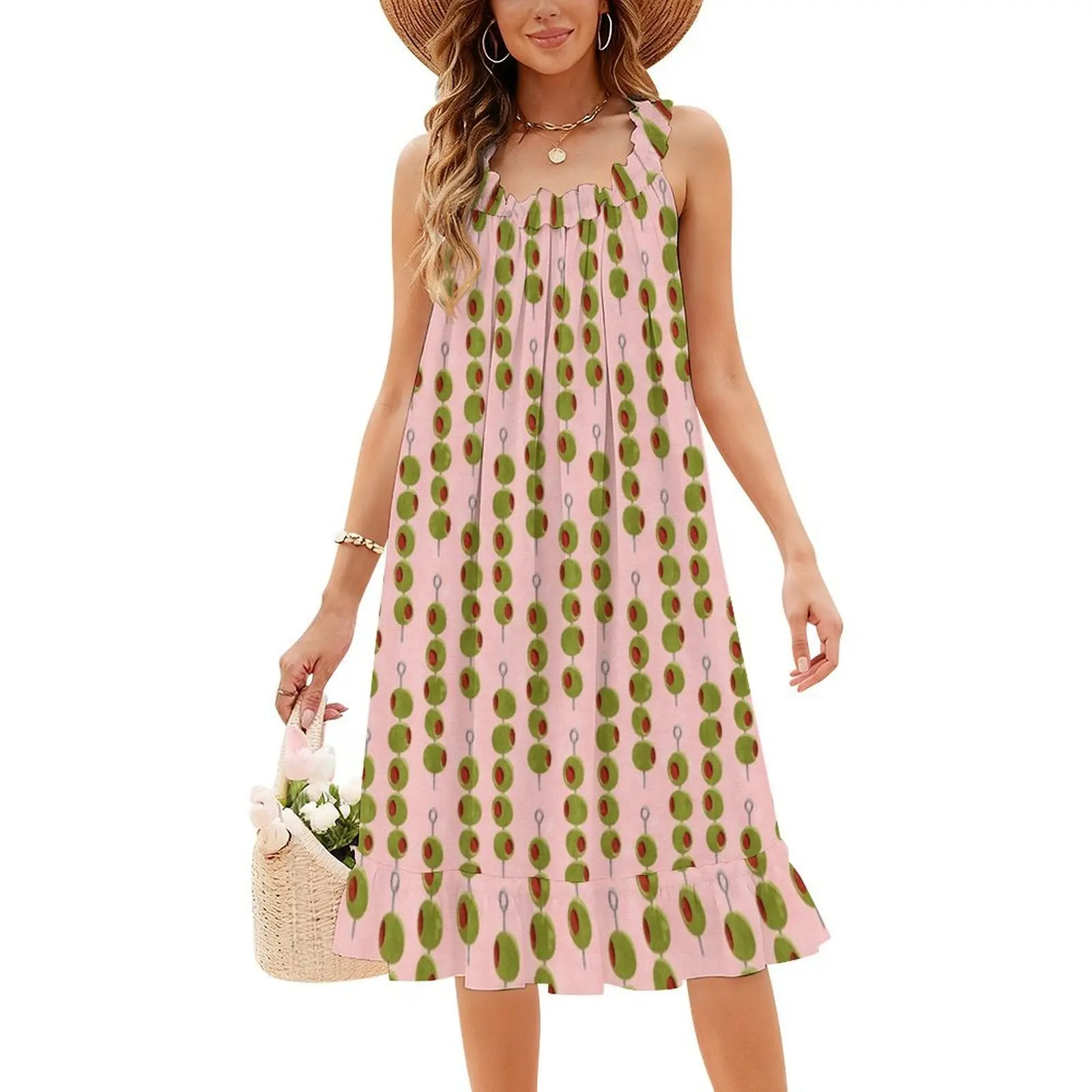 فستان كوكتيل زيتون-زيتوني على عصا (وردي) فستان سموك زهري للنساء للربيع والصيف فستان كاجوال لحفلات الكوكتيل الزيتون #4