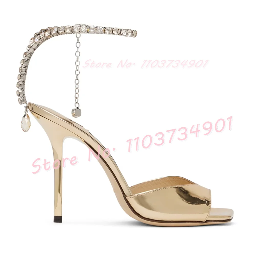 Metal Chain Pendant Crystals Sandals Women Ankle Strap Square Toe Stiletto Shoes Lady Satin Sexy Elegant Fish Patterns Sandals