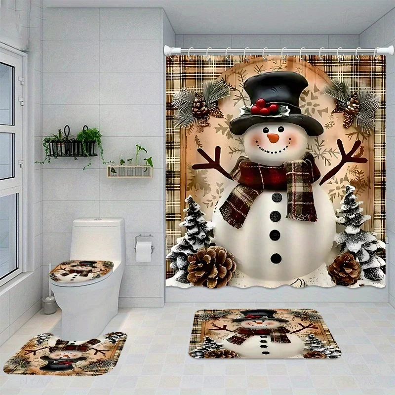 4pcs Christmas Home Decor Waterproof Shower Curtain Sets with 12 Hooks Toilet Seat Cover Bathroom Mat Non-slip Rug Carpet Po