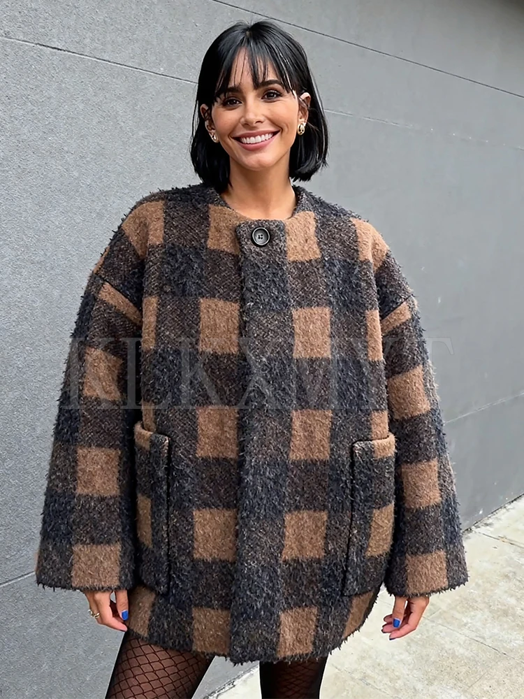

Шикарные модные вязаные куртки в клетку для женщин, осень-зима 202, пальто с длинными рукавами, уличная повседневная свободная новая куртка, пальто