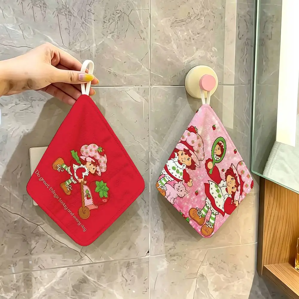 S-Strawberry-shortcake Girl Hanging Kitchen Towel, Polyester Cotton Fabric, Absorbent Hand Wiping Towel For Home Dormitory
