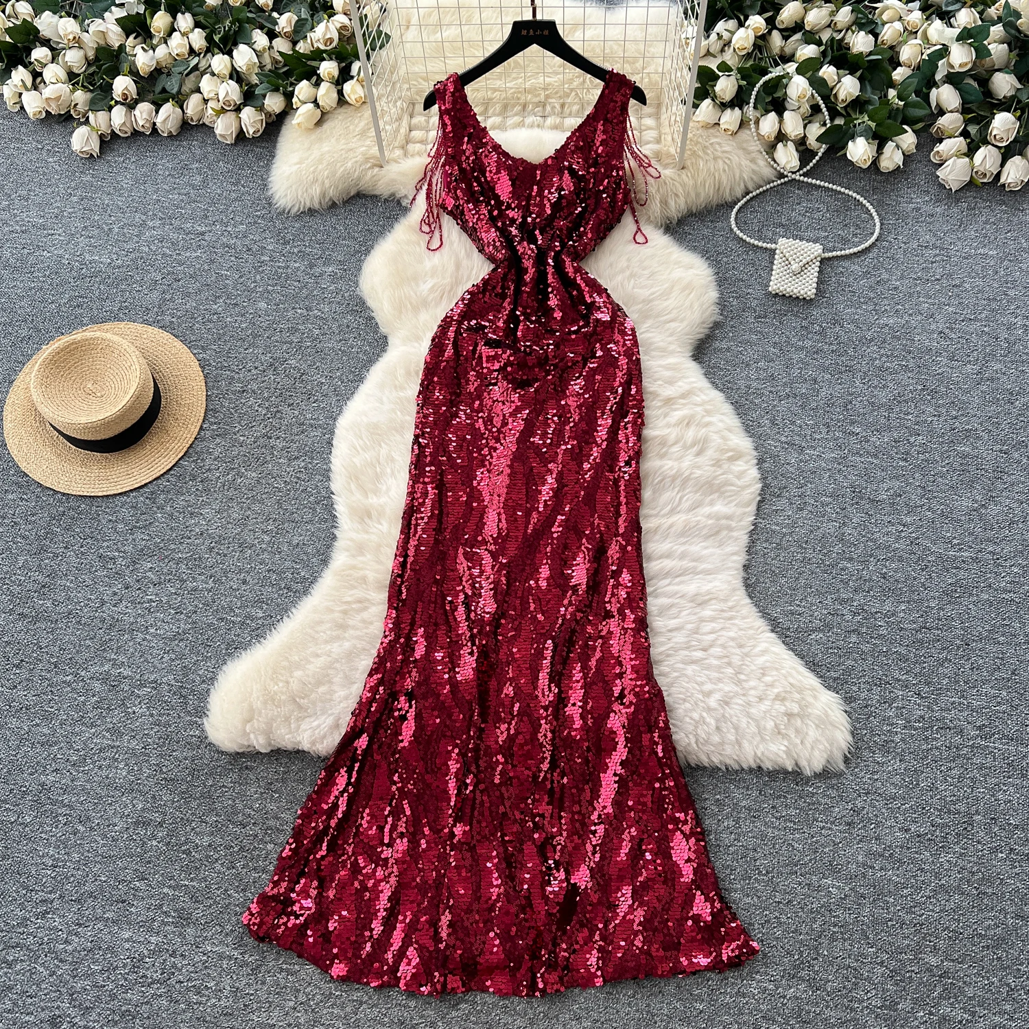 Chic vintage Sexy paillettes glitter slim Elegante fata moda coreana Boho Sundress abbigliamento donna abito a sirena