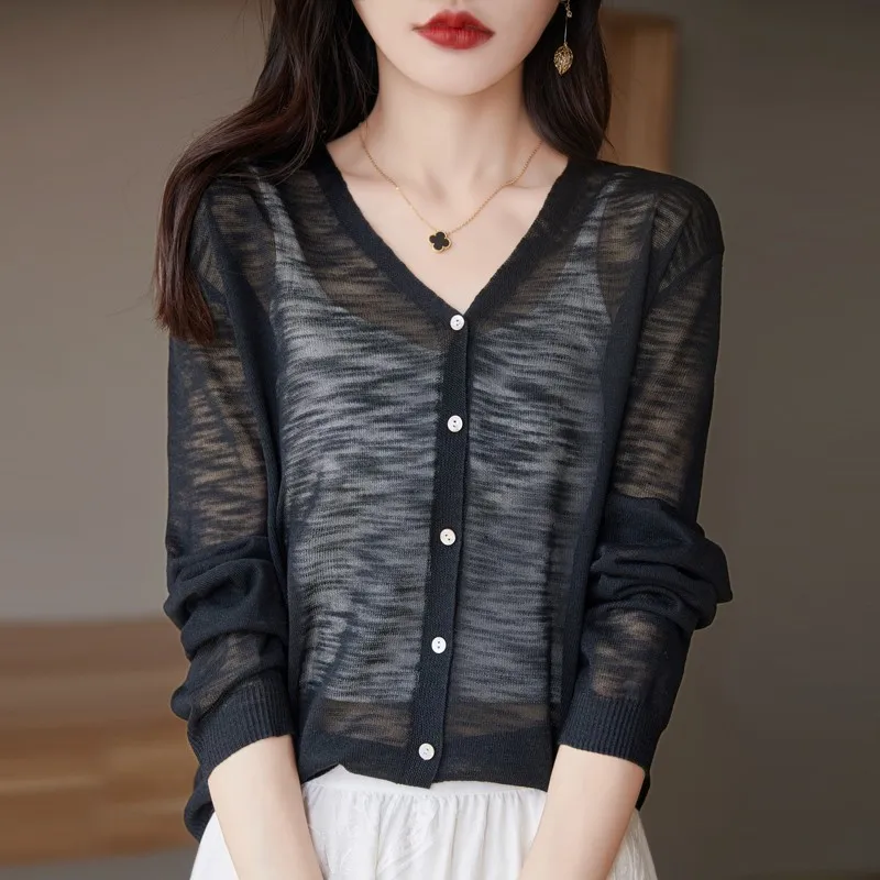 

Lightweight Long Sve V-Ne Knitted Cardigan Bamboo Cotton Open-irt Women's Summer Outerwear Air Conditioning Sun Protec...