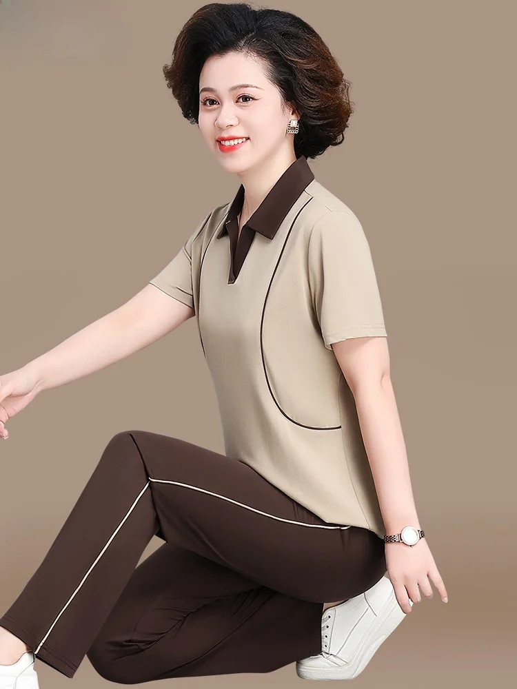 

Летний комплект для женщин среднего возраста: футболка с коротким рукавом и свободные длинные брюки из хлопковой смеси, удобный, больших размеров