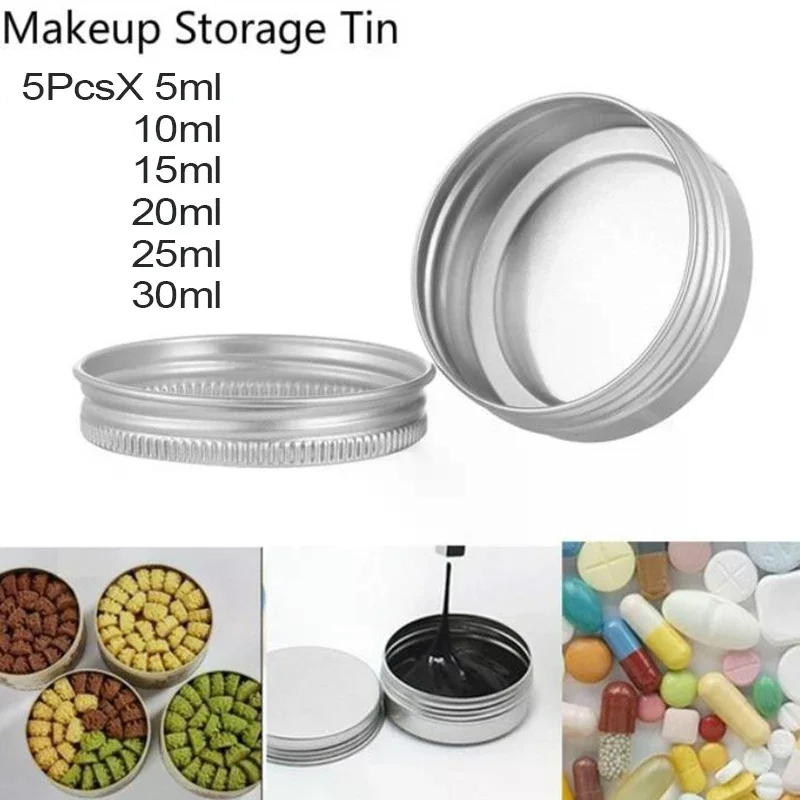5Pcs Aluminum Mini Round Tin Metal Container Bottles Storage Jar Screw Lid Box Silver Empty Cosmetic Cream Lip Balm Jar Pot Case