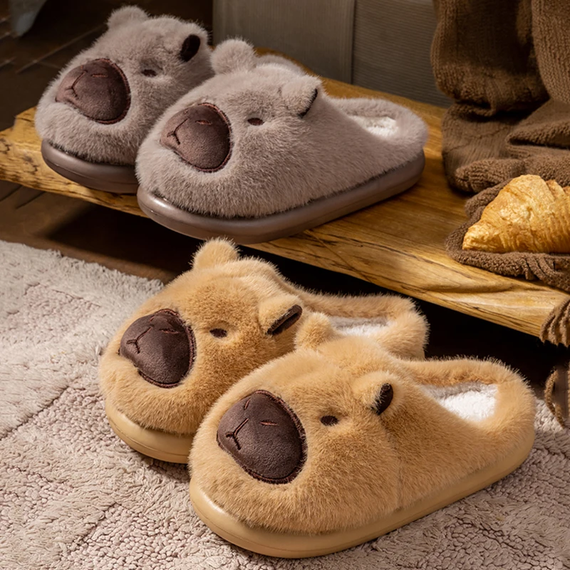 

Зимние женские тапочки с рисунком капибары, уютные теплые плюшевые домашние тапочки без шнуровки, женские шлепанцы на толстой подошве, пушистые шлепанцы из искусственного меха