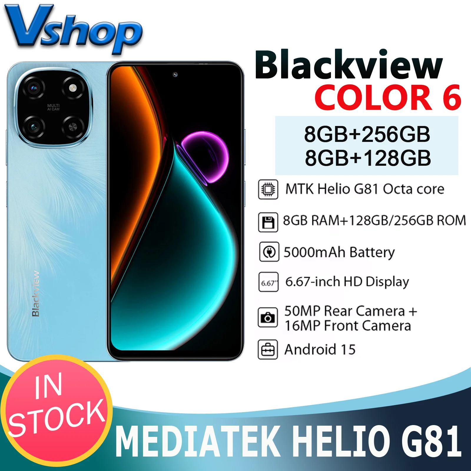 Смартфон Blackview COLOR 6,67 дюйма, дисплей MTK G81, 4 ГБ/8 ГБ + 128 ГБ, 50-мегапиксельная камера, аккумулятор 5000 мАч, Android 15 5G, NFC OTG, мобильный телефон Смартфон Blackview COLOR 6,67 дюйма, дисплей MTK G81, 4 ГБ/8 ГБ + 128 ГБ, 50-мегапиксельная камера, аккумулятор 5000 мАч, Android 15 5G, NFC OTG, мобильный телефон