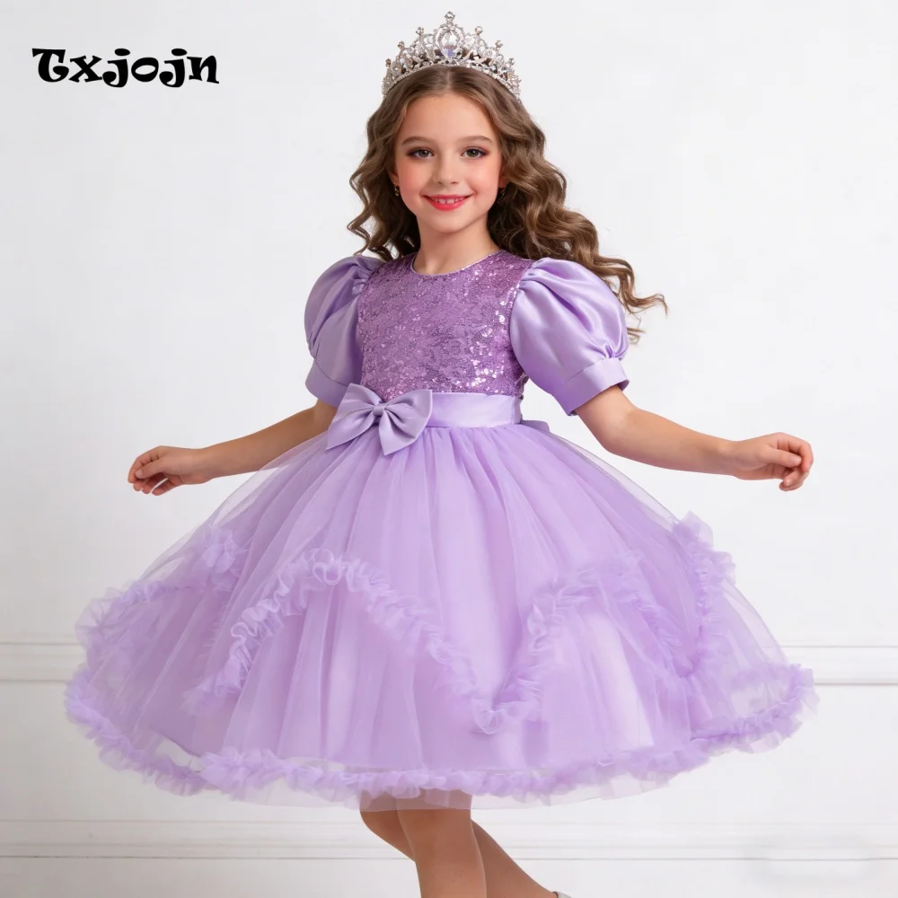 Girl's Dress 3-14 Years Old Girl's Bow Princess Dress Sequined Puff Sleeve Mesh Dress Wedding Dress Flower Girl Birthday Dress