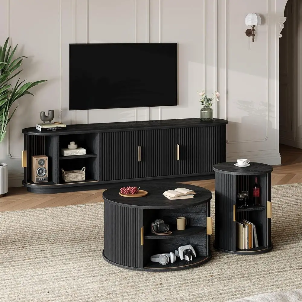 

3-Piece TV Stand and Coffee Table Set, Black Entertainment Center with Sliding Doors and Cable Hole for TVs up to 75