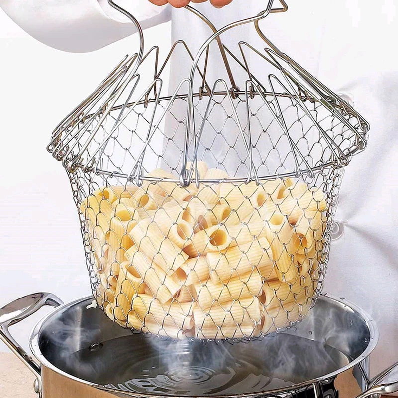 WIKHOSTAR Foldable Fry Basket Stainless Steel Steam Rinse Strain Fry French Chef Basket Strainer Net Kitchen Cooking Tools