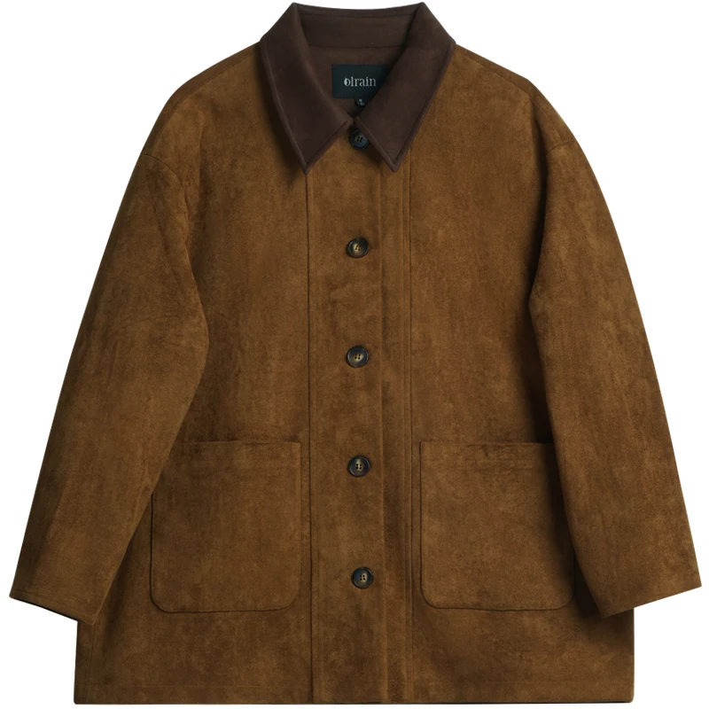 OLrain Giacca in pelle scamosciata sintetica Cappotto casual da donna con vestibilità ampia e colore a contrasto 2025 Autunno Nuovo arrivo Colletto rovesciato GO57QW000986